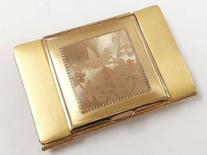 Vintage La Mode Gold Tone Compact Rouge Case Bird Motif w Mirror