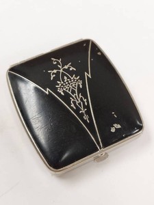 Art Deco Black Enamel Vanity Compact Floral Basket Silver Tone