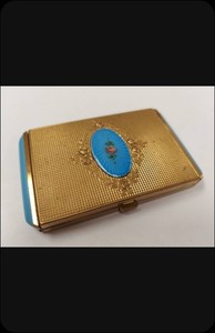 Evans Gold Tone Vanity Compact Blue Enamel Rose Motif Mirror Case
