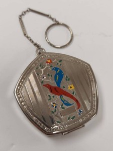 Vintage Evans Bird Enamel Powder Compact w Finger Ring Chain