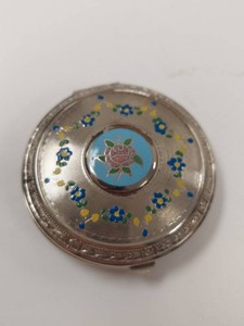 Evans Vintage Silver Tone Enamel Floral Powder Compact w Mirror