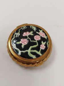 Vintage Evans Floral Enamel Powder Compact Gold Tone Round Mirror Case