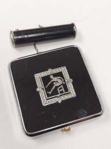 Evans Black Enamel Compact w Attached Lipstick Holder Hurdler Motif