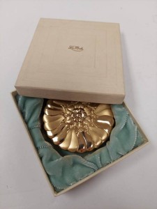 Vintage LaMode Goldtone Floral Powder Compact w Box Puff Mirror