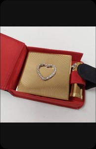 Ciner Gold Tone Heart Rhinestone Compact Mirror & Lipstick Case Set