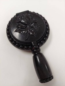 Vintage Black Handheld Compact Mirror Rouge Case w Lipstick Holder