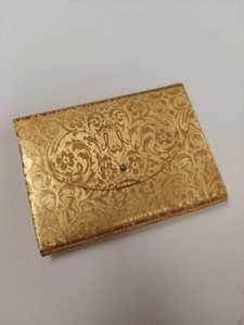 Vintage Gold Tone Floral Brocade Powder Compact Mirror w Puff