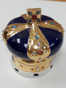 Vintage Crown Shaped Ceramic Vanity Holder Jeweled Blue Gold Tone
