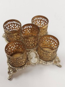 Vintage Gilt Metal 5 Tube Lipstick Holder Cameo Footed Vanity Stand