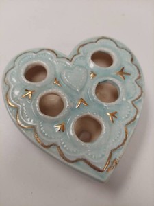 Unmarked Heart Shaped Ceramic Lipstick Holder Blue Gold Vanity Decor