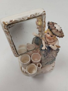 Vintage Japan Ceramic Figural Vanity Holder Mirror Lady Dresser Piece