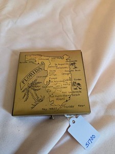 Vintage Florida Souvenir Powder Compact Brass Tone Map Vanity Case