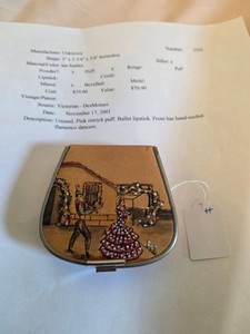 Vintage Hand-Painted Leather Powder Compact w Lipstick Flamenco Dancers