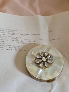 Vintage Mother of Pearl Rhinestone Powder Compact with Mirror & Puff
