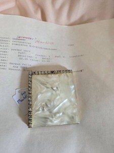 Vintage Gold Tone Powder Compact Faux Mother of Pearl Rhinestone Lid