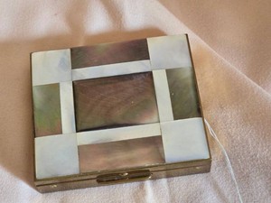 Vintage Brass Vanity Compact Mirror with Shell Inlay Art Deco Design
