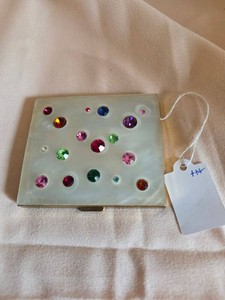 Vintage Mother of Pearl Rhinestone Gold Tone Powder Compact Mirror