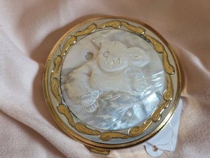 Vintage Carved Mother of Pearl Koala Powder Compact Mirror Case