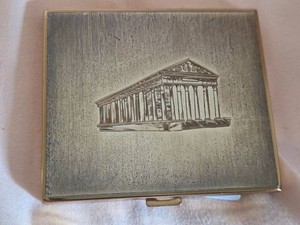 Vintage Gold Tone Powder Compact Mirror with Parthenon Motif Lid