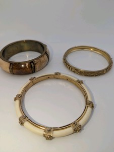 Set of 3 Vintage Bangle Bracelets-Brass,Bone, Gold Tone