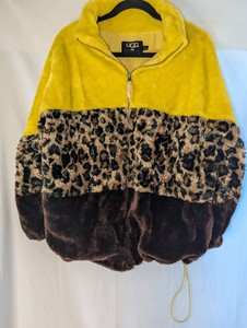 UGG Elaina Colorblock Faux Fur Jacket in yellow and leopard print, size M