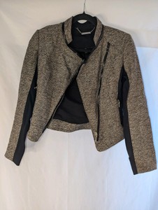 White House Black Market tweed moto jacket featuring an asymmetrical front zip and contrast side panels, size 00