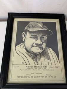 1986 limited edition Babe Ruth art print by artist James Zotalis, numbered 425 of 500 and pencil-signed