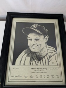 Limited-edition framed portrait print of New York Yankees legend Lou Gehrig, numbered 40500 and signed by artist James Zotalis in 2003