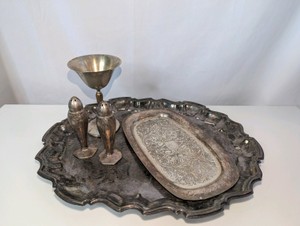Vintage silver-plated set- Goblet, Salt and Pepper Shakers, Footed Tray