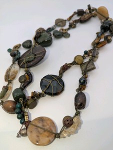 Bohemian natural stone and wire-wrapped natural stone bead statement necklace, 24 long  moss agate, tigers eye, faceted quartz