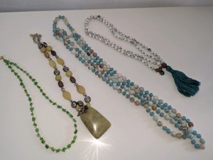 (4) Natural Stone Gem Necklaces- Jade, White Howlite, Aqua blue amazonite, Agate, Green Onyx