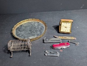 Vintage Mixed Lot Elgin Alarm Clock, Pocket Knives & Mirror Tray