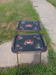 Vintage Folding Tray Tables Carriage Motif Set of 2
