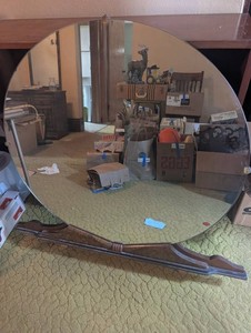 Round Mirror With Ornate Wood Stand 40in Diameter