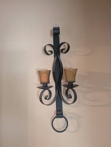 Wrought Iron Wall Sconce With Amber Glass Shades