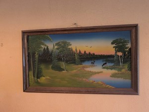 Framed Deer Lake Sunset Landscape Painting
