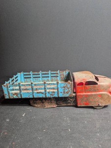 Vintage Pressed Steel Toy Truck Red Cab Blue Stake Bed