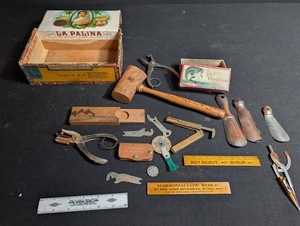 Vintage Heddon Fishing Tackle, La Palina Box & Hand Tools Mixed Lot