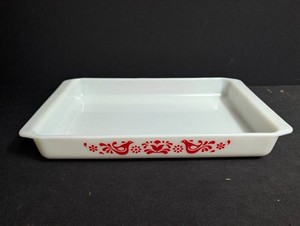 Vintage White Rectangular Baking Dish Red Floral Band