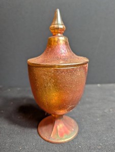 Vintage Iridescent Amber Covered Pedestal Jar