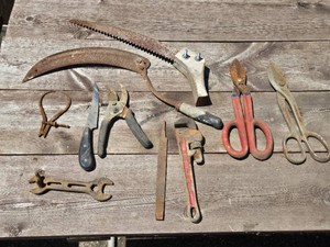Pipe Wrench, Pruning Shears, and Saw Blade