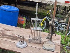 Old Suction Tool, Metal Basket, and Heavy-Duty Metal Press