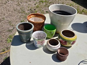 Assorted Flower Pots Including Decorative and Plain Styles