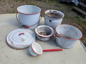 Vintage Enamelware Pots and Ladles