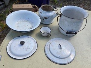 Vintage Enamelware Kitchen Items Including Kettle, Basin, and Pot