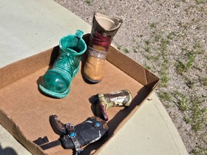 Pair of Shoe and Boot Planters with Decorative Cowboy Boot Accents