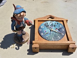 Ceramic Boy Figurine and Wooden Bird Clock with Hummingbird Design