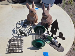 Garden Decor Including Rabbit Statues, Metal Cutout with Rain Gauge