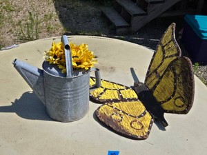 Metal Watering Can with Silk Sunflowers and Wooden Yellow Butterfly Decoration