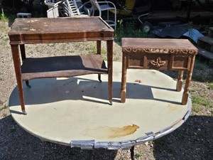 Wooden Furniture Pieces Including Table on Casters and Decorative Stand